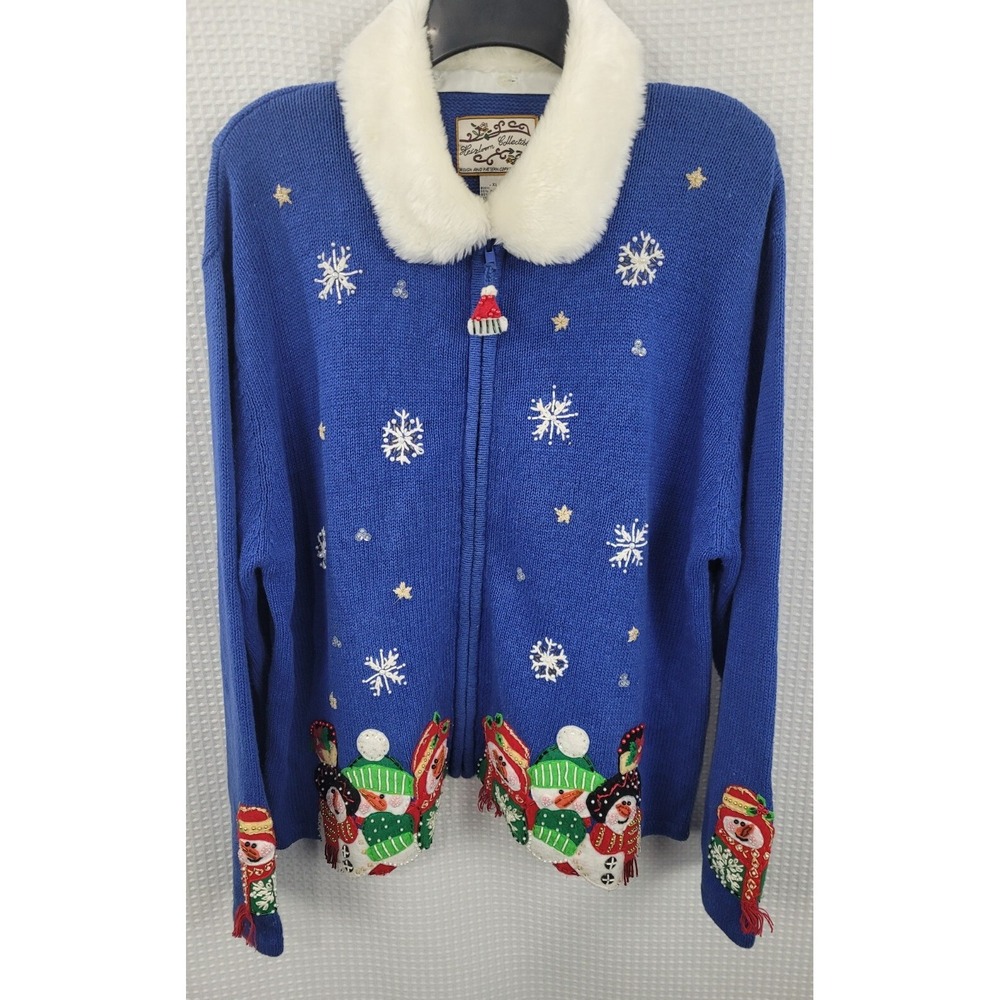 Heirloom Collections Blue Snowman Cardigan Sweater with White Faux Fur Collar XL